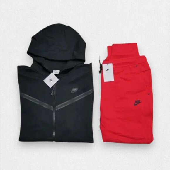 Mens Size 2XL Nike Tech Fleece Tracksuit 2 Piece Sweatsuit Outfit Black Red NWT - Picture 1 of 12